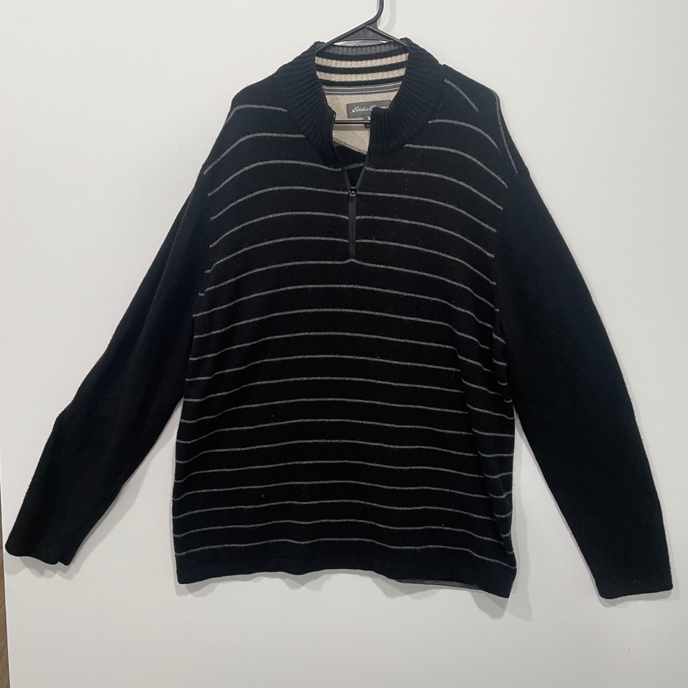 Eddie Bauer Mens T2XL Sweater Black Gray Striped 1/4 Zip Mock Neck Wool Blend